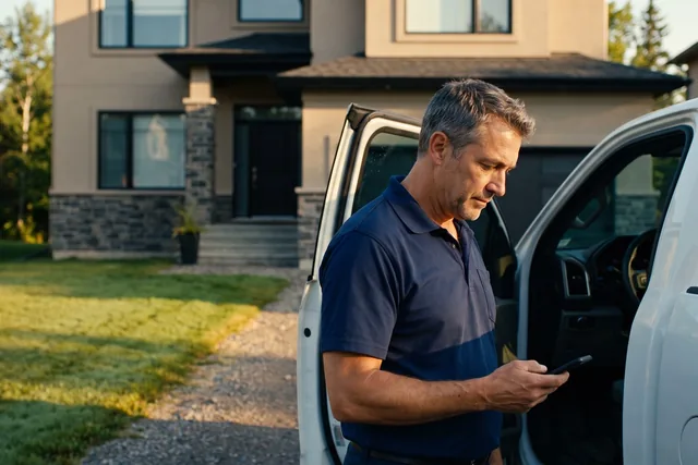 A contractor checks his phone at the open door of his work truck, parked in front of a house