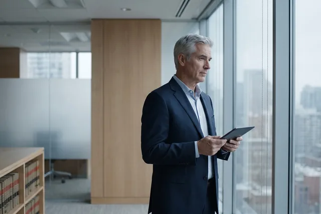 An attorney holds a tablet beside the window of a high-rise office