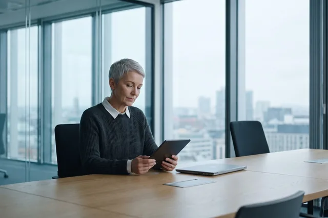 An advisor reads a tablet at a conference table with a city skyline behind